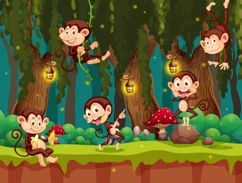 A group of monkey in jungle Stock Illustration
