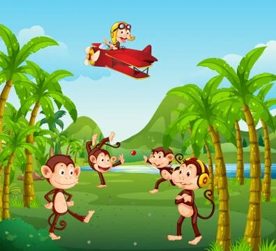 A group of monkey in jungle Stock Illustration