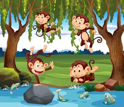 A group of monkey in nature Stock Illustration