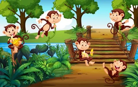 A group of monkey  at the park Stock Illustration