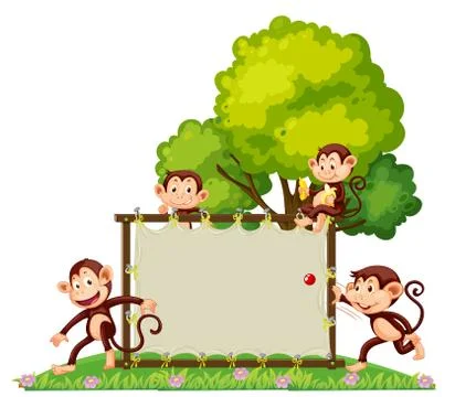 A group of monkey playing at the banner Stock Illustration