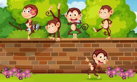 A group monkey playing at brick wall Stock Illustration