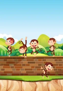 A group monkey playing at brick wall Stock Illustration