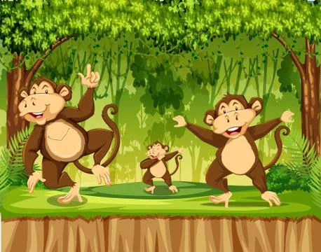 Group of monkey in rainforest Stock Illustration
