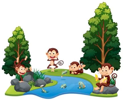 A group of monkey at the river Stock Illustration