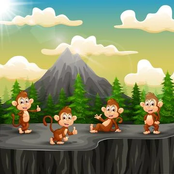 A group of monkey sitting on the cliff Illustrazione stock