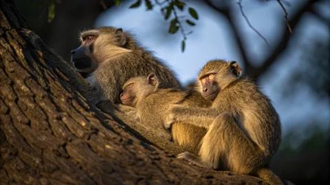 A group of monkeys sleep on tree at night 写真素材
