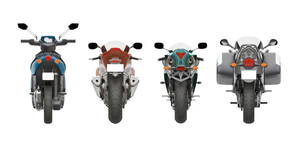Group motorcycles back view 3d rendering Stock Illustration