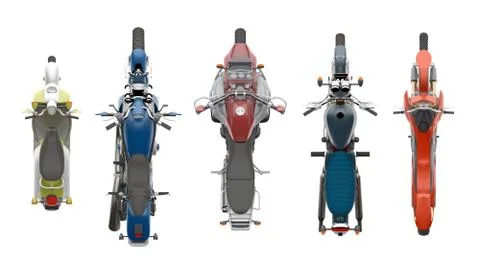 Group motorcycles top view 3d rendering Illustrazione stock