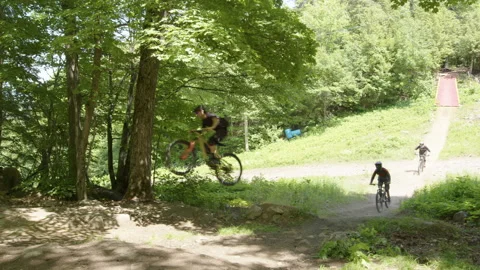 Group of mountain bikers racing down the hill Stock Footage 157324571