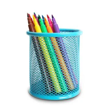Group of multi-colored felt-tip pens in a blue basket. For drawing. Stock Photos