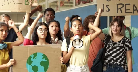 Group of multi-ethnic students protest against climate change. Stock Footage 195125416
