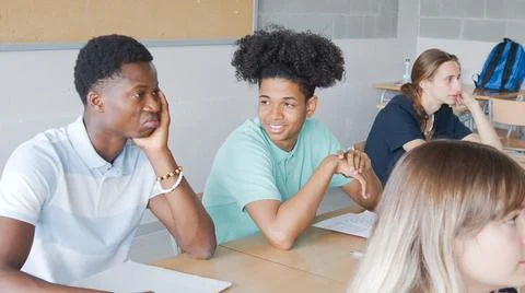 Group of multi-ethnic students sitting at desks in class. High school Stock Photos