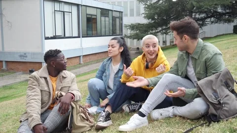 Group of multi-ethnic young students sitting on campus talking to each other Stock Footage 198692863