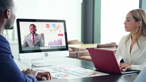 Group of multi racial people taking a video conference. Online meeting. Web conf Stock Footage 165578854