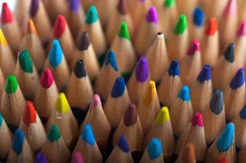 Group of multicolored wooden crayons, macro view Stock Photos