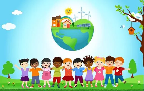 Group multicultural children embracing each other.Unity for an ecological world Stock Illustration
