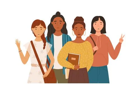 Group of multicultural female students flat vector illustration. Young girl.. Stock Illustration