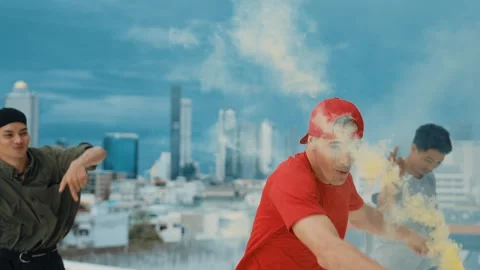 Group of multicultural hipster playing color flare at rooftop. hiphop. Stock Footage 264079407