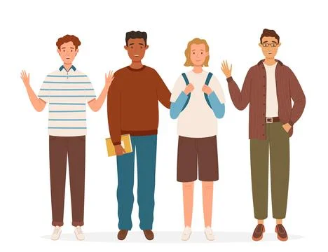 Group of multicultural male students flat vector illustration. Young boys h.. Stock Illustration