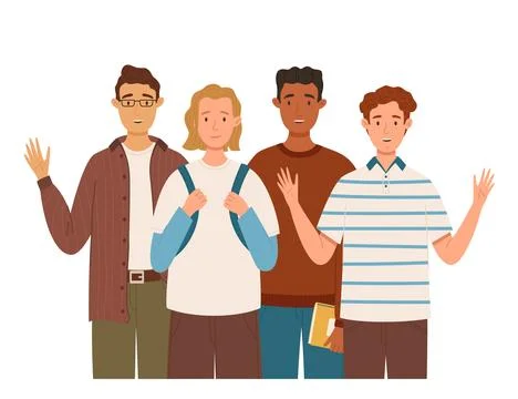 Group of multicultural male students flat vector illustration. Young boys hol Stock Illustration