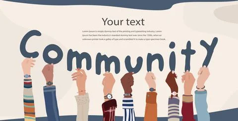 Group multicultural people with hands up holding letters forming text Community Illustrazione stock