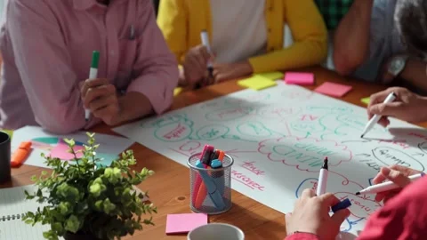 Group of multicultural people use mind map sharing marketing idea. Convocation. Stock Footage 268548882