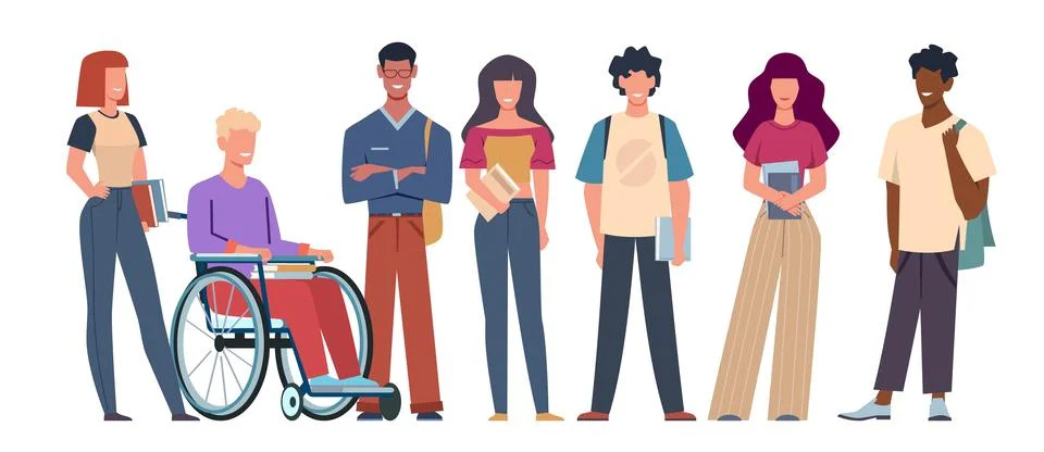 Group of multicultural students, disabled guy sitting in wheelchair. Young Stock Illustration