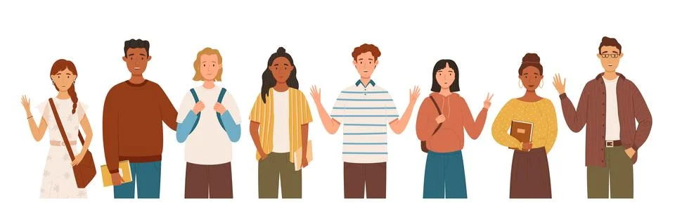Group of multicultural students flat vector illustration. Young girls and boy Stock Illustration