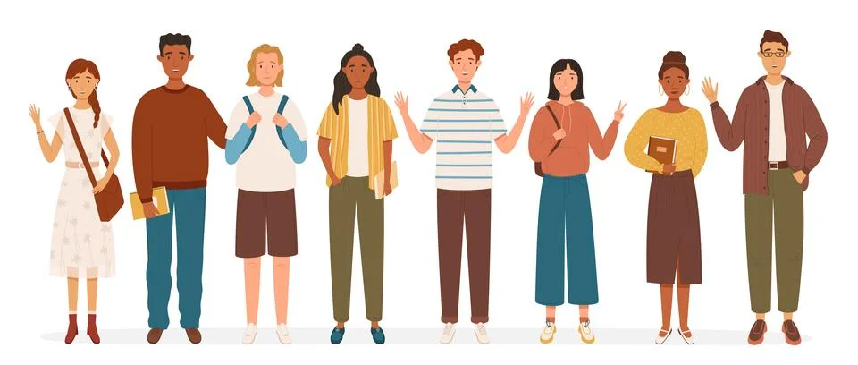 Group of multicultural students flat vector illustration. Young girls and b.. Stock Illustration