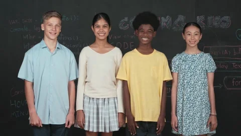 Group of multicultural teenager looking at camera at blackboard. Edification Stock Footage 277023286