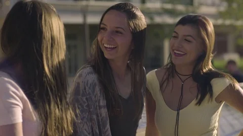 Group Of Multiethnic Friends Chat And Laugh By A Fountain In A City Square Stock Footage 76854951
