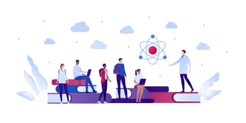 Group of multiethnic student with professor in lab coat. Laptop, atom, book Stock Illustration