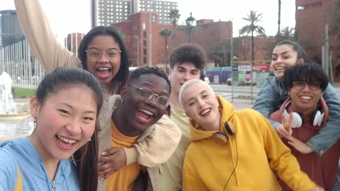 Group of multiethnic young people taking a selfie. Friend having fun Stock Footage 171415047