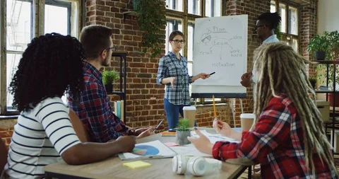 Group of the multiethnical young company workers sitting at the desk and Video stock 100997731