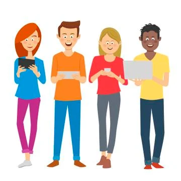 Group of multiracial students using digital devices in university break Stock Illustration
