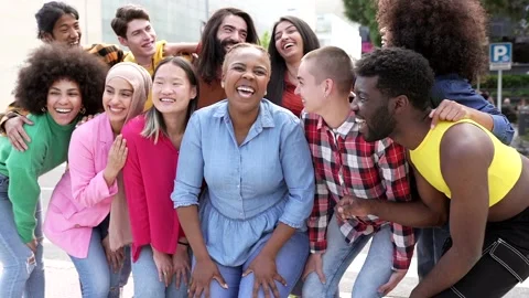 Group of multiracial young people having fun - Diverse friends outdoors best Stock Footage 196077684