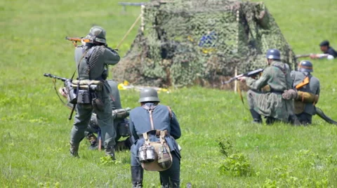 Group of Nazi soldier shooting in battle Stock Footage