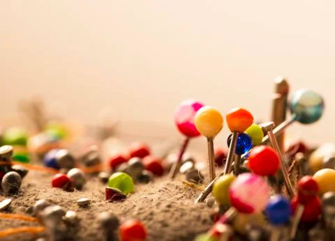 Group of needles for sewing close up Stock Photos