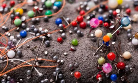 Group of needles for sewing close up Stock Photos