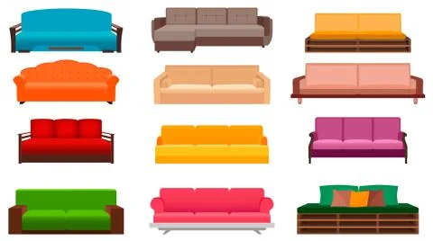 Group of nine bright sofas of different kind. Living room interior design fur Stock Illustration