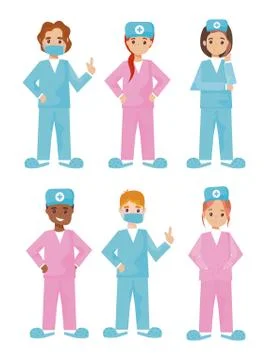 Group of nurses in different poses on white background Stock Illustration