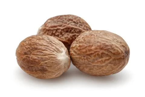 Group of nutmeg on white background Stock Photos