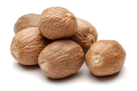Group of nutmeg on white background Stock Photos