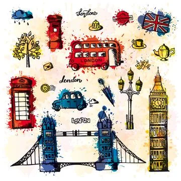 A group of objects with London features with watercolor drops. Stock Illustration