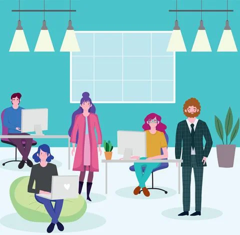 Group of office workers sitting at desks with computer, people working Stock Illustration