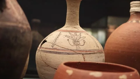 A Group of Old Clay Jars With Painting and Cracks Stock Footage 246936707