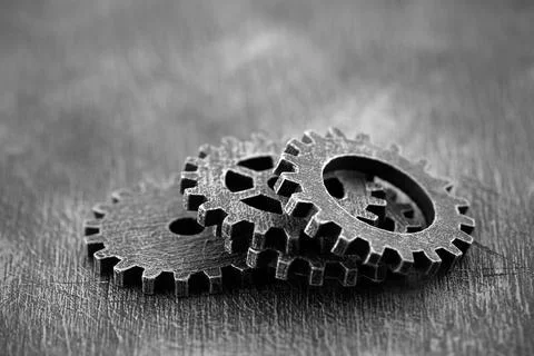 Group of old gears and cogs macro shot, industrial background Stock Photos