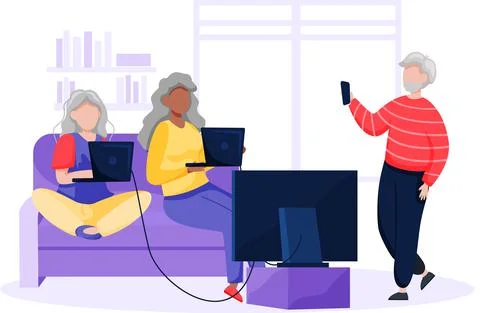 Group of old people using computer and technology. Elderly person works or 스톡 일러스트