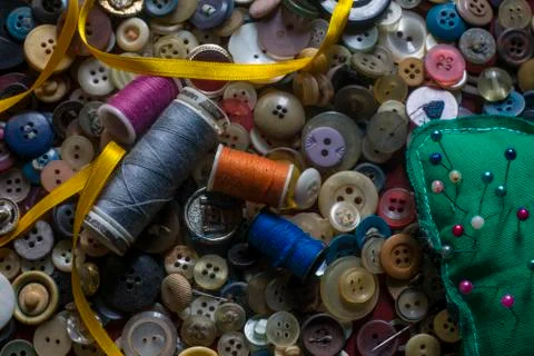A group of old threads and buttons Stock Photos